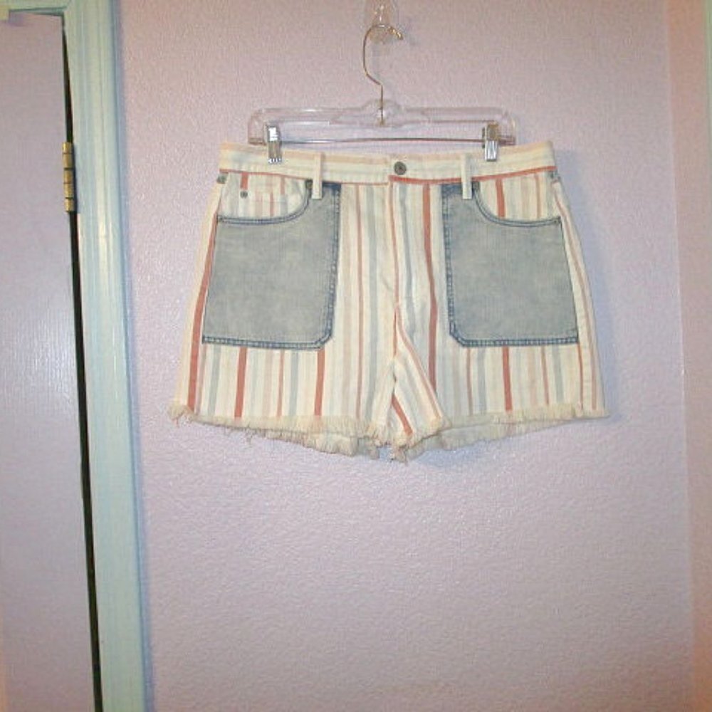American Eagle Y2K Denim Shorts Womens 14 Cut Offs Striped High Rise Patchwork